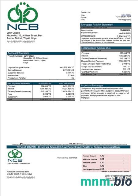 Libia Bank Narodowy Handlowy wyciąg z kredytu hipotecznego szablon Word i PDF